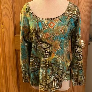 Chico’s olive green, aqua blue, black, orange rust, cream,gold multi color shirt
